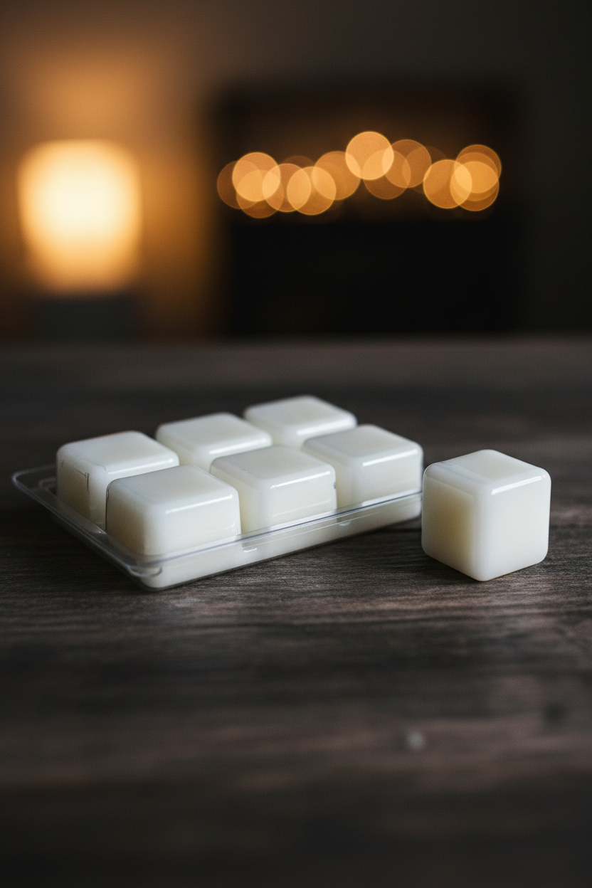 White wax melts clamshell with a single cube broken off, moody candlelight ambiance on dark wood surface